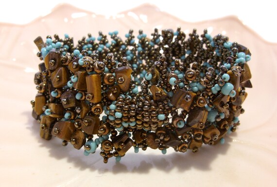 Tiger Eye Gemstone and Turquoise and Copper Glass… - image 2