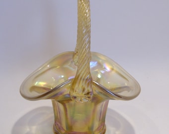 Fenton Amber Iridescent Glass Basket: Twisted Handle, Collectible Decor