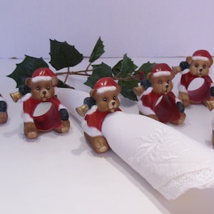 Christmas Santa Bear Napkin Rings Set of Six Vintage Plastic Bear Napkin Rings by Reed Made in Taiwan, Great Gift