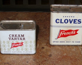 French's Vintage Spice Tins with Slide Top Cream of Tartar, Ground Cloves Vintage French's Spice Tins Collectible Kitchen Old Farmhouse