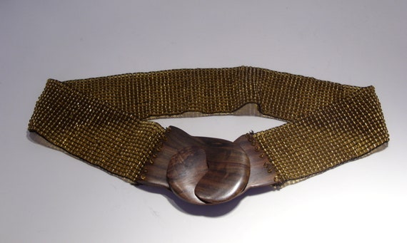 Gold Beaded Vintage Stretch Belt with Brown Wood … - image 5