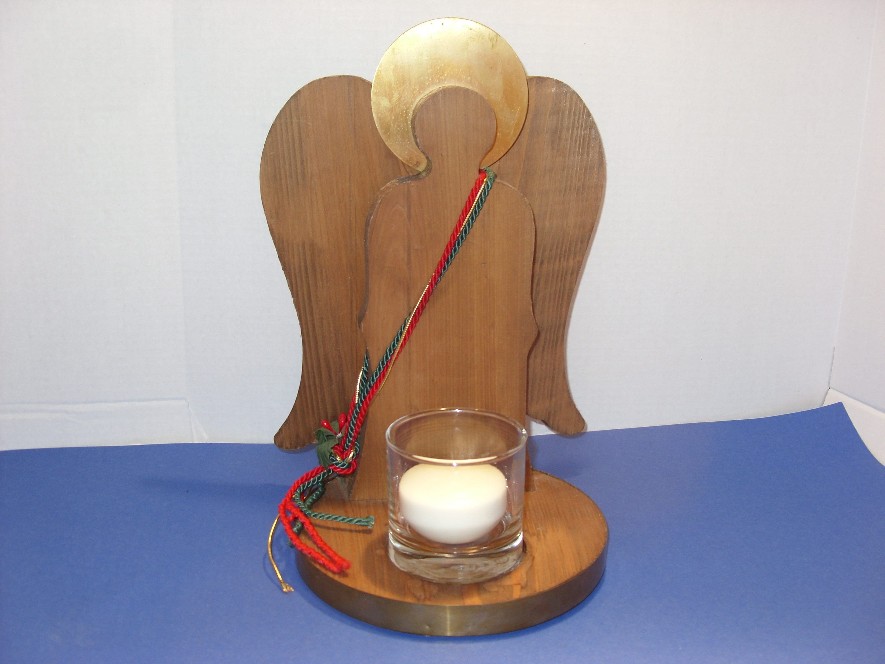 Large Wooden Angel Candle Holder With Brass Trim Accents 12 Etsy