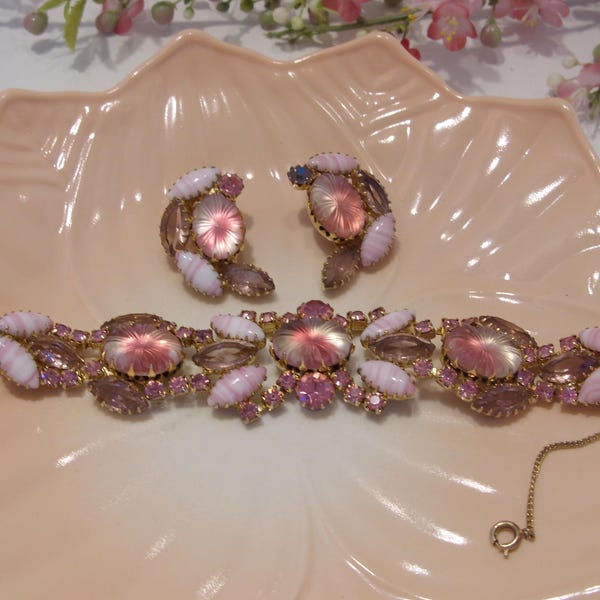 Julianna Vintage Pink Rhinestone Bracelet and Clip Earring Set