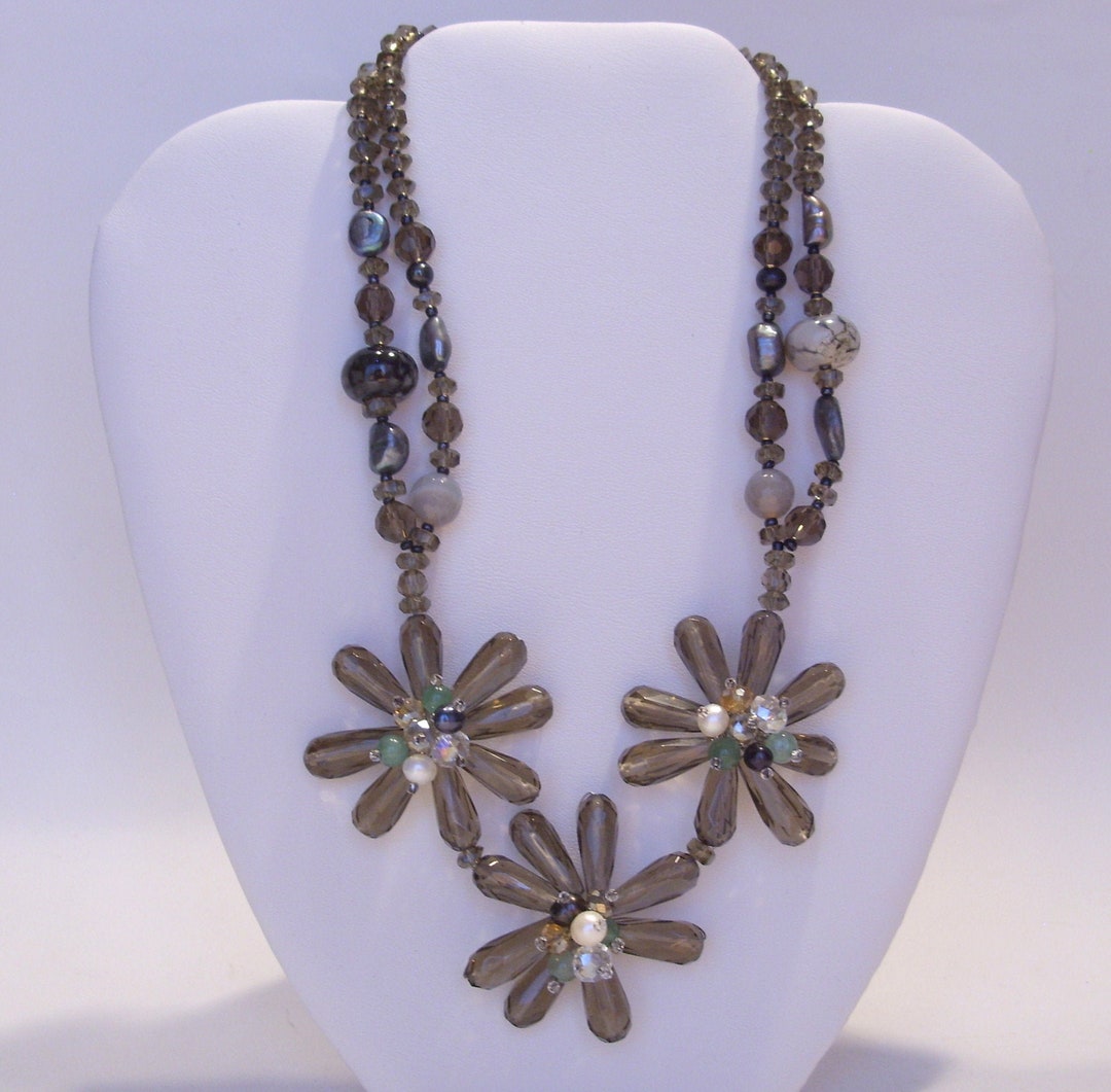 Glass Bead Flower Necklace Smokey Grey Glass Beads Pearls Etsy