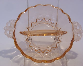 Pink Depression Glass Divided Dish Scalloped Edge Frosted Pink Handles