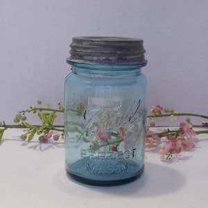 Ball Blue Vintage Pint Canning Jar with Ball Signed Zinc Lid  Ball Perfect Mason Pint Jar Has Number 10 Embossed on the Bottom of the Jar