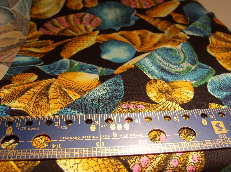 Cotton Vintage Fabric Black Background Sea Shell Pattern Blue - Etsy
