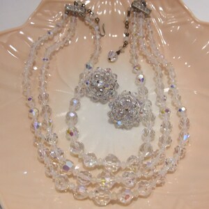 Vintage Aurora Borealis Crystal Necklace and Clip Earring Set
