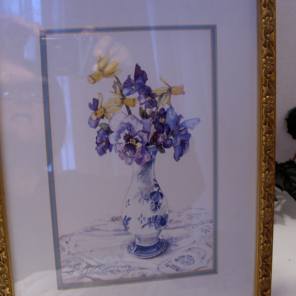 Jodi Jensen Lithograph Pansies, Violets, Iris and Daffodils in Vase Signed and Numbered 494/750 Beautiful Floral Lithograph Gold Frame Gift