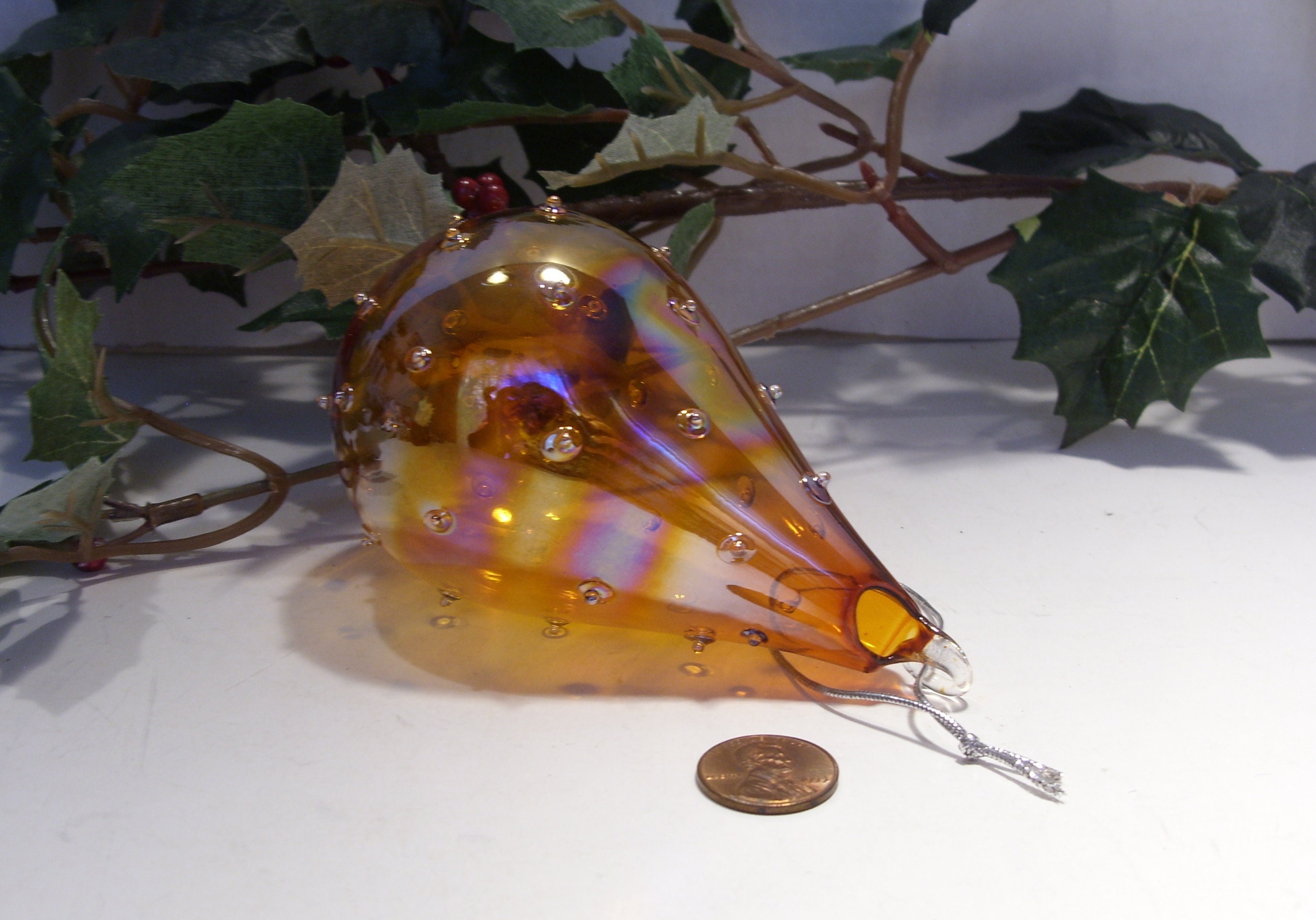 Vintage 4” Hand Blown Glass Christmas Ornament Iridescent Light Amber