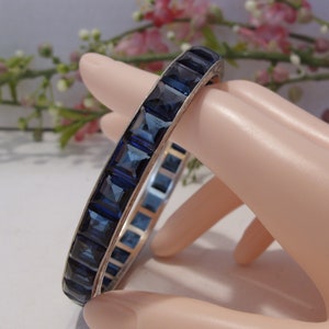 Art Deco Princess Cut Sapphire Blue Glass Bangle Bracelet Set in Sterling Silver Engraved Scrolled Edges Collectible Vintage Bangle Stunning