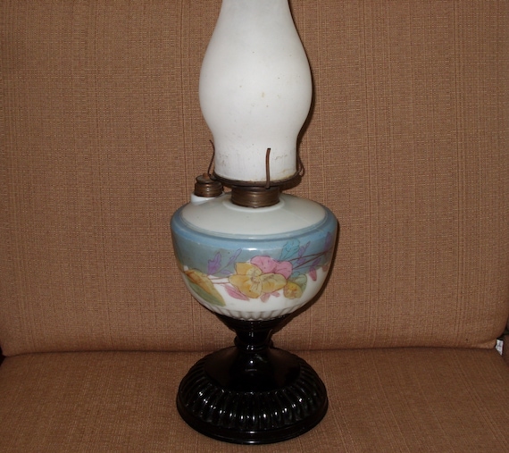 Vintage Amethyst and floral Milkglass Oil Lamp: Frosted Hurricane Shade