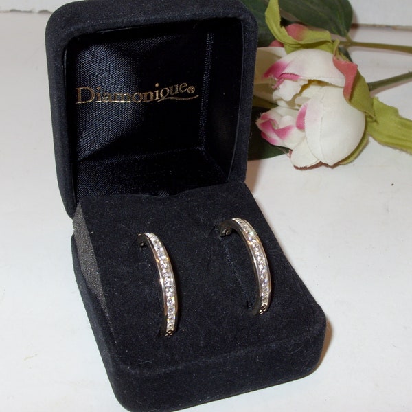 Diamonique Sterling Silver Filigree 925 CZ Hoop Earrings Vintage QVC Pierced Earrings NOS in Original Box One Inch Hoops Great Gift