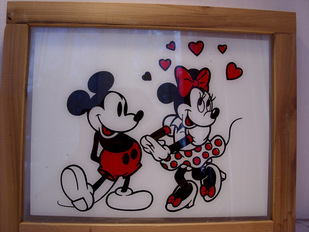 Mickey and Minnie Mouse Framed Painted Glass Artwork Vintage Mickey