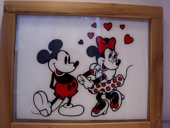 Mickey and Minnie Mouse Framed Painted Glass Artwork Vintage Mickey Mouse,  Minnie Mouse Painted Framed Glass Artwork, Wall Hanging, Gift 