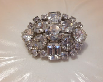 Sparkling Rhinestone Brooch Pin is Prong Set and Rhodium Plated Vintage Brooch Has Round and Emerald Cut Rhinestones Great Gift