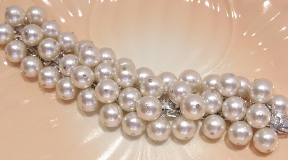 Faux Pearl Bracelet, Three Row Bridal Jewelry, Made in Japan