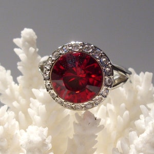 Red Faceted Glass Cocktail Ring Surrounded by Rhinestones Set in Silver Tone Metal, FREE SHIPPING USA, Size 7 1/4, Great Gift