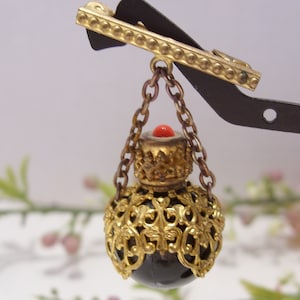 Vintage Perfume Bottle Brooch Pin Black Glass and Gold Tone Filigree Bottle Has Red Cabochon Cap with Glass Dauber Intact 1930&#39;s Jewelry Pin
