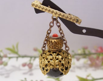 Vintage Perfume Bottle Brooch: Black Glass, Gold Filigree, Red Cabochon
