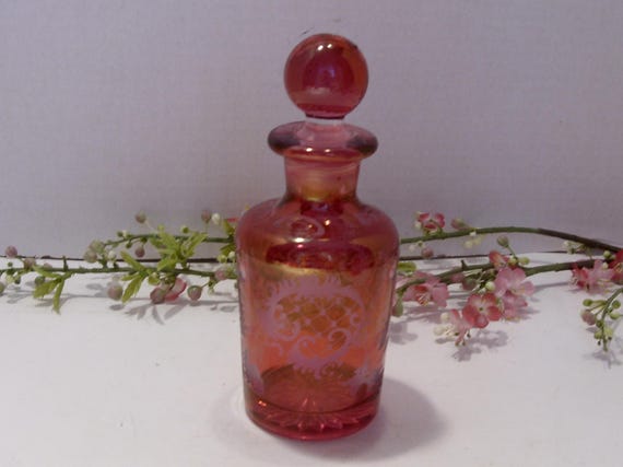 Bohemian Cranberry Etched Glass Perfume Bottle View 6