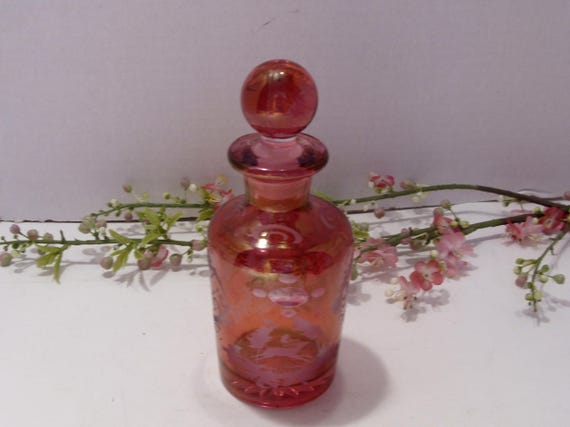 Bohemian Cranberry Etched Glass Perfume Bottle View 2