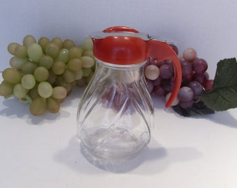 Glass Syrup Jar with Red Lid Handle and Stainless Dripcut Dispenser, Vintage