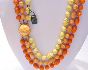 Lisner Three Strand Orange and Yellow Plastic Lucite Bead Necklace, Vintage