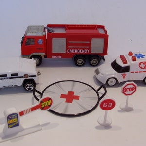 Vintage Hot Wheels & Kentoy Emergency Vehicle Set: Rescue Truck, Ambulance, Police Car