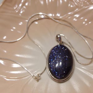 Blue Goldstone Sterling Silver Pendant Necklace - Night Sky Sparkle