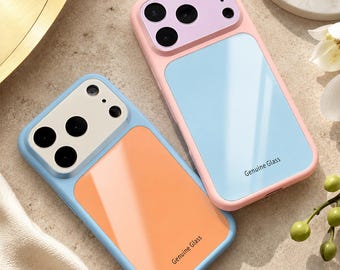 Magnetic Glossy Glass Phone Case, Pastel Color Block Protective Shell for iPhone 17, 16, 15 & 14 Series