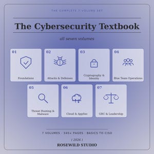 May include: A light purple graphic display for The Cybersecurity Textbook, a 7-volume set. It features seven numbered squares with icons and titles: Foundations, Attacks & Defenses, Cryptography & Identity, Blue Team Operations, Threat Hunting & Malware, Cloud & AppSec, and GRC & Leadership. Text includes 340+ pages, basics to CISO, 2026, and Rosewild Studio.