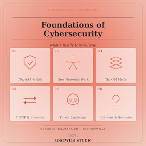 May include: A peach-coloured infographic titled Foundations of Cybersecurity Volume One. It features six numbered sections with icons and text: CIA, AAA & Risk, How Networks Work, The OSI Model, TCP/IP & Protocols, Threat Landscape, and Interview & Scenarios.