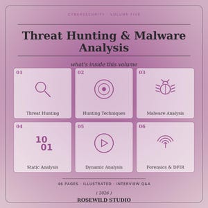 May include: A purple infographic titled Cybersecurity Volume Five: Threat Hunting & Malware Analysis. It features six numbered sections with icons for Threat Hunting, Hunting Techniques, Malware Analysis, Static Analysis, Dynamic Analysis, and Forensics & DFIR. Includes 46 pages, illustrations, interview Q&A, 2026, and Rosewild Studio.