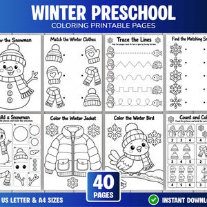 May include: A set of Winter Preschool coloring printable pages featuring eight black and white activity sheets. The pages include snowman coloring, matching winter clothes, tracing lines, snowflake matching, snowman building, jacket coloring, bird coloring, and counting.