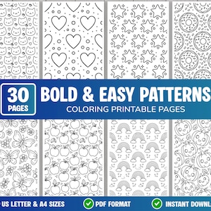 Può includere: Una raccolta di 30 pagine da colorare stampabili, audaci e semplici, con motivi a linee bianche e nere di gatti, cuori, stelle, ciambelle, farfalle, mele, arcobaleni e zucche, in formato PDF, disponibili nei formati US Letter e A4.