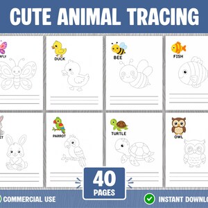 Może przedstawiać: Cyfrowy dokument zatytułowany CUTE ANIMAL TRACING zawierający 40 stron z konturami zwierząt do odrysowania. Każda strona zawiera kolorową ikonę zwierzęcia, jego nazwę, duży czarno-biały rysunek liniowy oraz przerywane linie do ćwiczeń pisania.