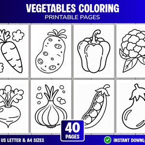 Può includere: Un set di 40 pagine da colorare stampabili intitolate VEGETABLES COLORING. I disegni al tratto in bianco e nero presentano illustrazioni di carota, patata, peperone, cavolfiore, barbabietola, cipolla, piselli e melanzana su fogli bianchi.