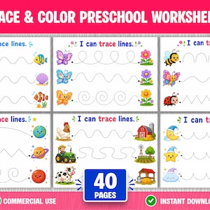 Pode incluir: Um conjunto de fichas de atividades pré-escolares intitulado Trace & Color Preschool Worksheets com 40 páginas. As páginas apresentam linhas pontilhadas para traçar, ilustrações coloridas de animais, insetos, espaço e natureza, e o texto I can trace lines.