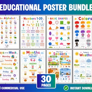 May include: A bundle of educational posters featuring the alphabet, numbers 1-20, basic shapes, colors, days of the week, months of the year, the four seasons, and weather. The collection includes 30 pages with colorful illustrations and text.