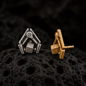 Robot Claw and Cube Stud Earrings, 925 Sterling Silver, Sci Fi Machine Jewelry for Men