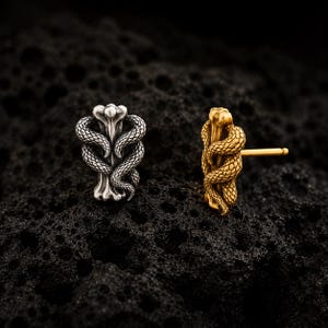 Peut inclure: Deux boucles d'oreilles à tige représentant un serpent détaillé enroulé autour d'une structure centrale en forme d'os. Une boucle est de couleur argentée polie et l'autre est de couleur dorée, chacune dotée d'une tige droite à l'arrière.