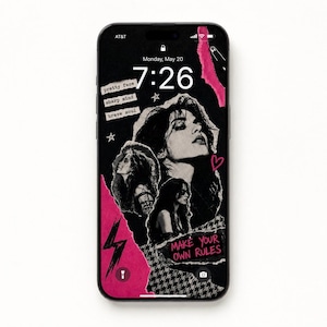 May include: A smartphone displaying a digital collage wallpaper with a black and pink colour scheme. The screen features black and white portraits of a person, torn paper textures, a lightning bolt, a heart, and the text "pretty face sharp mind brave soul" and "MAKE YOUR OWN RULES".