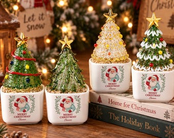 Personalized Potted Christmas Tree Decor, Custom Name Mini Xmas Figurine Table Centerpiece, Gift for Her Mom