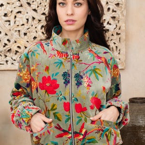 Moss Green Velvet Floral Jacket Women, Boho Printed Velvet Coat, Vintage Style Short Jacket, Handmade Jacket, Festival Wear Bohemian Outfit