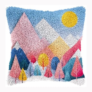 DIY Latch Hook Pillow Kit: Snowy Mountain Scene, Beginner Craft (Pattern Included)