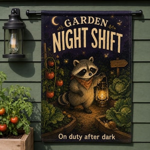 Gardening Raccoon Garden Flag, Garden Night Shift Quote, Whimsical Vegetable Patch Decor