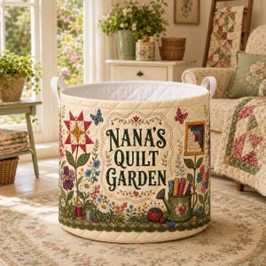May include: A cream-colored quilted fabric storage basket featuring the text NANA'S QUILT GARDEN in dark green lettering. The exterior is decorated with colorful floral patterns, a star-shaped quilt block, and a watering can illustration.