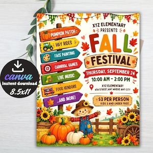 Può includere: Un volantino per un festival autunnale presso la scuola XYZ giovedì 24 settembre, dalle 10:00 alle 14:00. Il design presenta un cartello in legno con attività, uno spaventapasseri, zucche, girasoli e foglie autunnali su uno sfondo bianco.