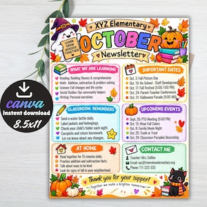 Può includere: Un colorato modello di newsletter di ottobre per la XYZ Elementary con un fantasma, zucche e foglie autunnali. Il documento include sezioni per obiettivi didattici, date importanti, promemoria, eventi e informazioni di contatto.